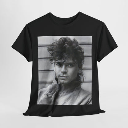 A black graphic t-shirt featuring a retro black and white graphic or photo of Michael Hutchence from INXS.