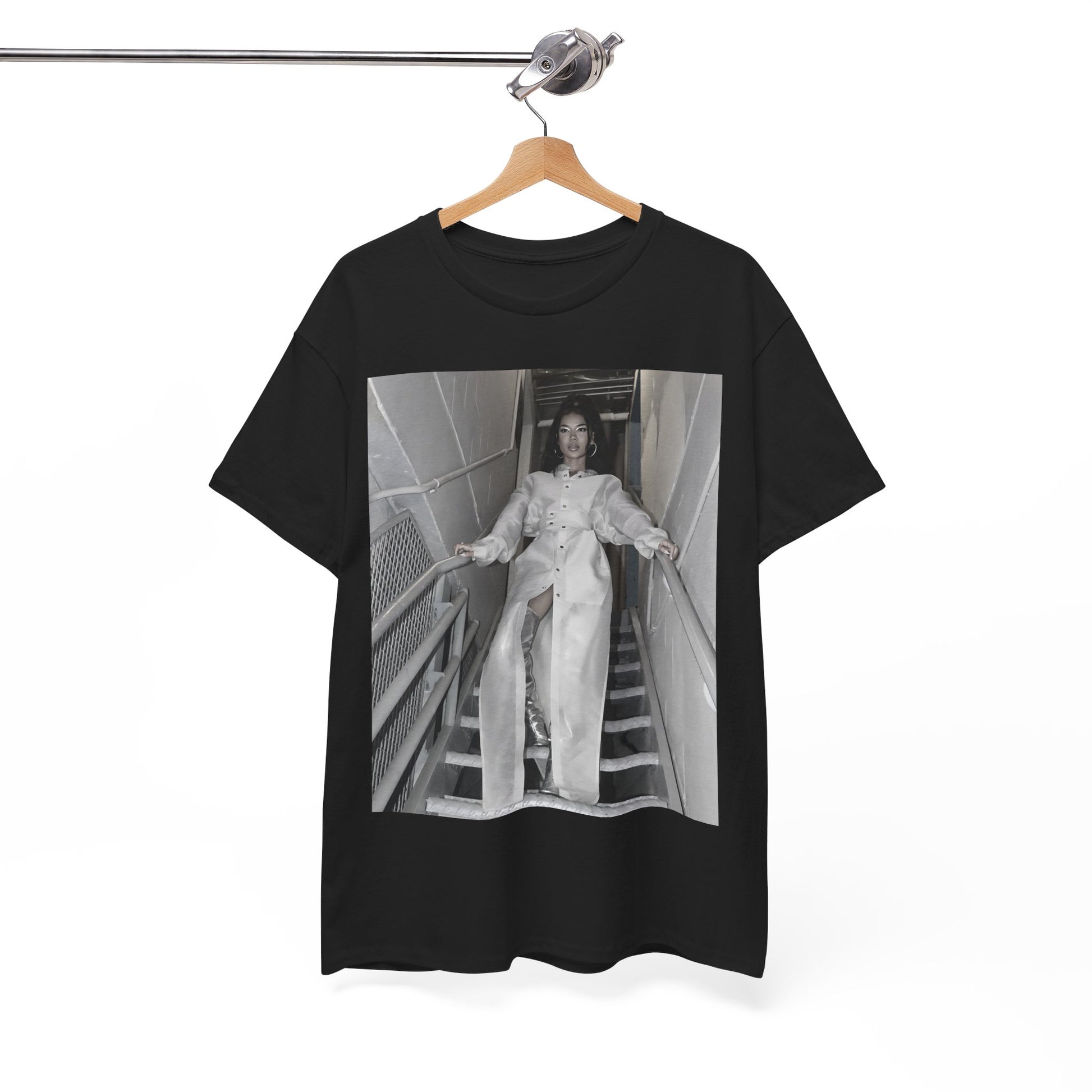 A black graphic t-shirt featuring a graphic or photo of Jhene Aiko in a backstage setting.