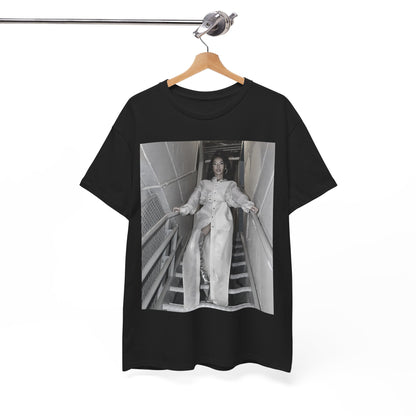 A black graphic t-shirt featuring a graphic or photo of Jhene Aiko in a backstage setting.