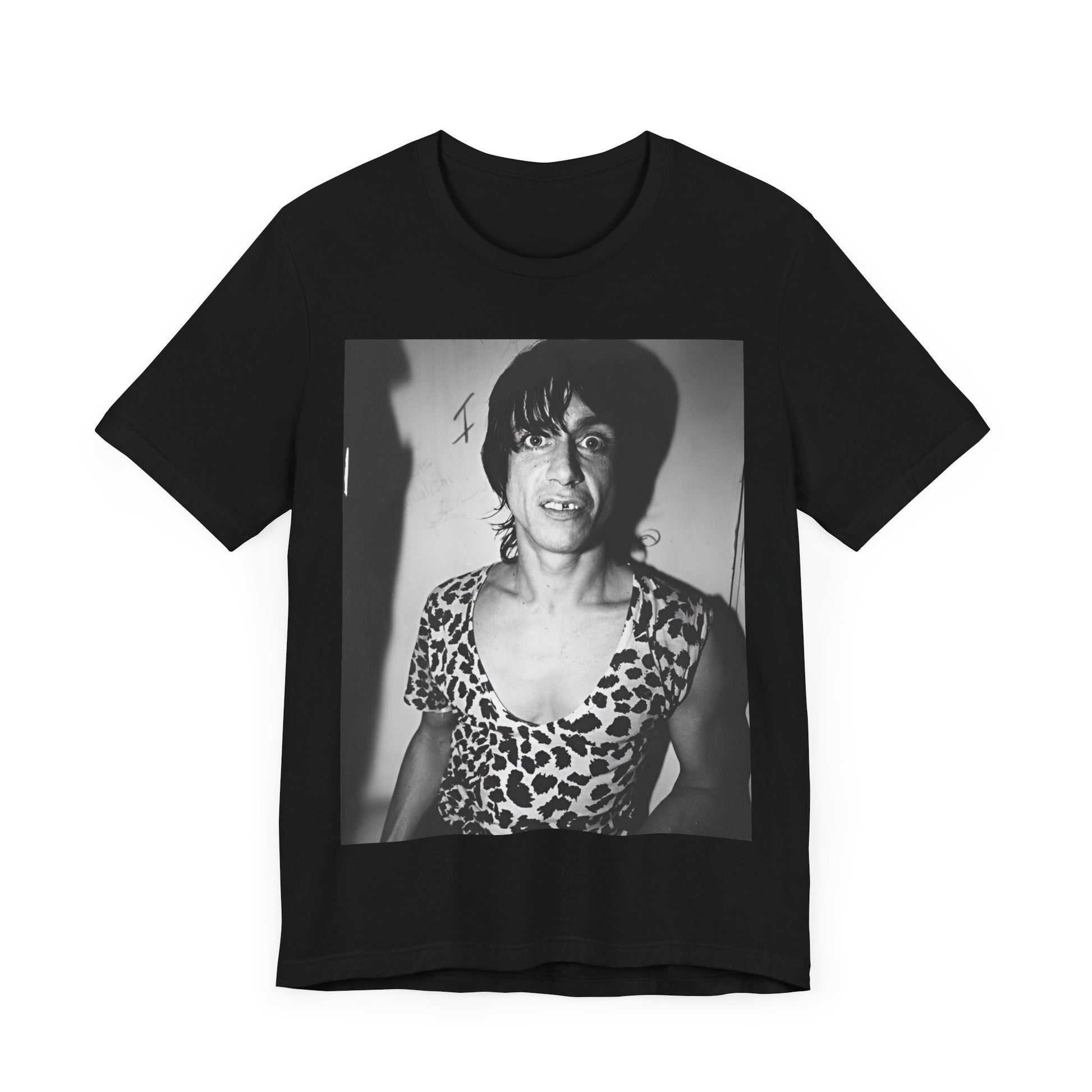 A black graphic t-shirt featuring a graphic of Iggy Pop and The Stooges in a punk style.