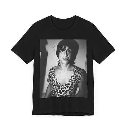 A black graphic t-shirt featuring a graphic of Iggy Pop and The Stooges in a punk style.