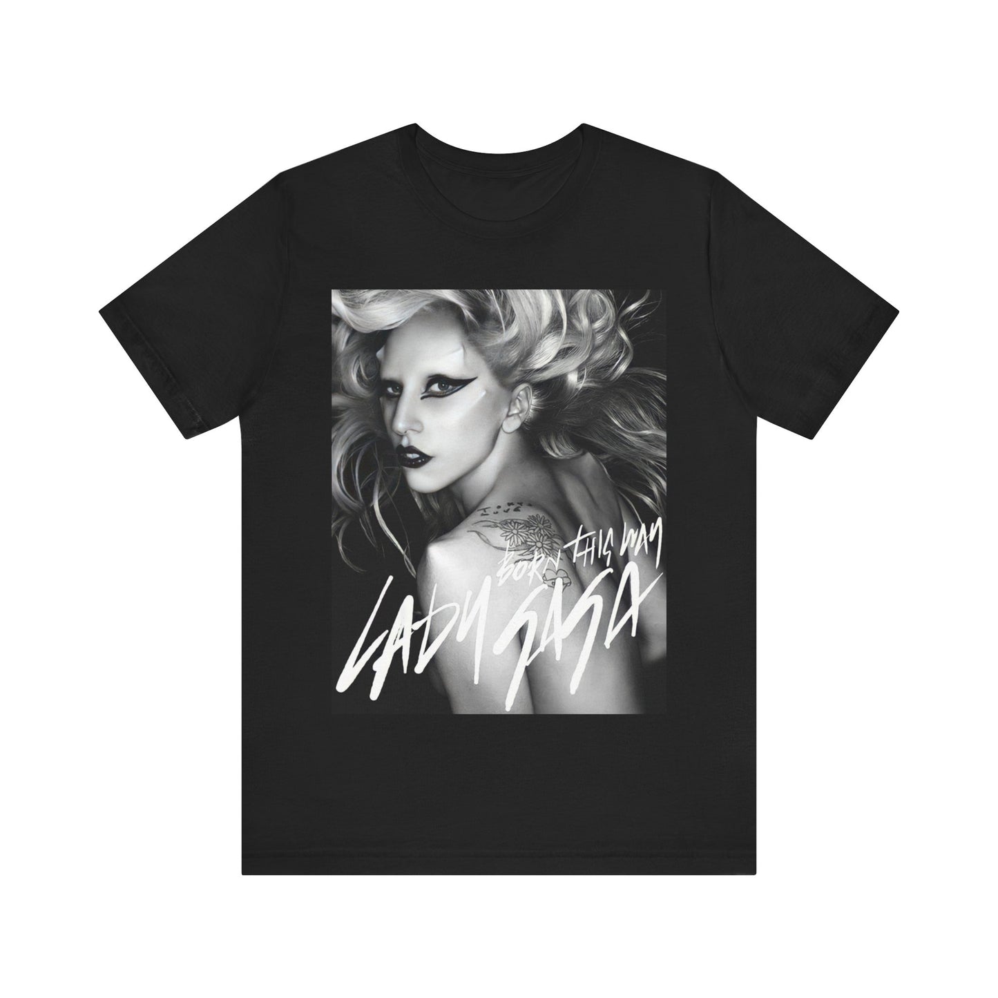 A black graphic t-shirt featuring a modern pop essential graphic of Lady Gaga.