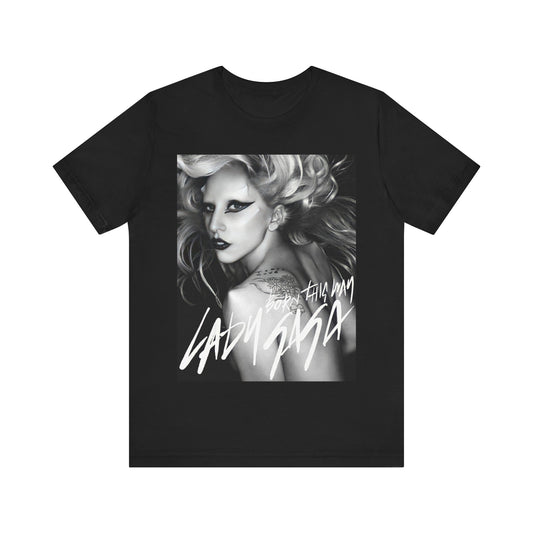 A black graphic t-shirt featuring a modern pop essential graphic of Lady Gaga.