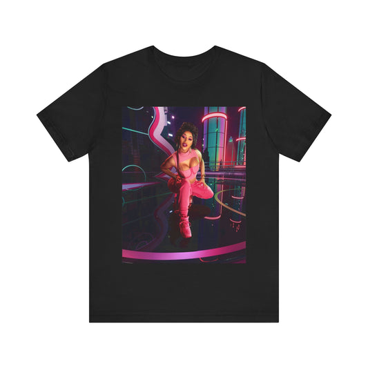 A black graphic t-shirt featuring a graphic related to Cardi B's "WAP" song or era.