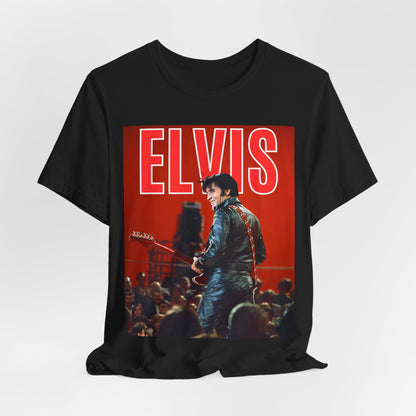 A black graphic t-shirt featuring a vintage graphic of Elvis Presley as the King of Rock 'n' Roll.
