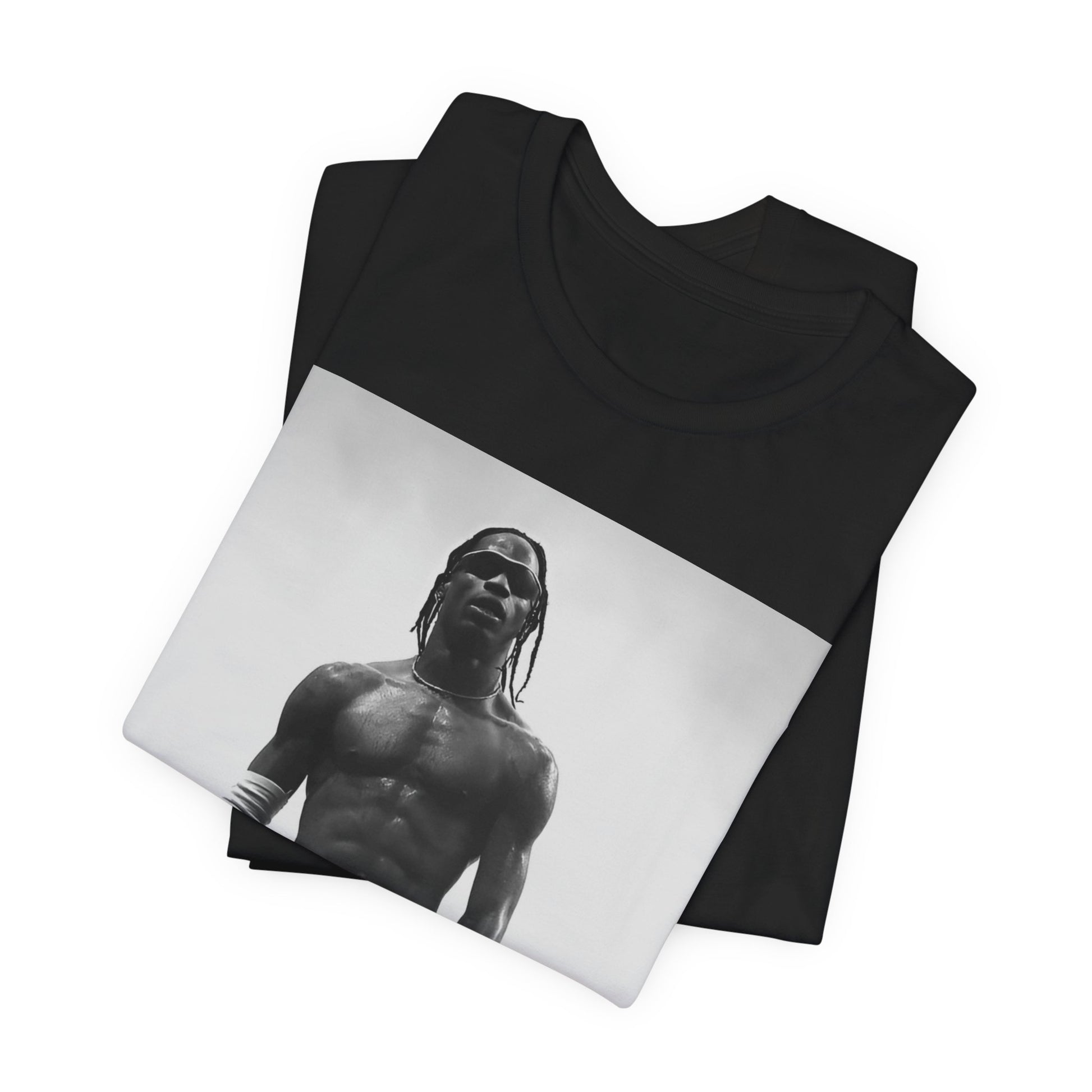 A black graphic t-shirt featuring a black and white portrait photo of Travis Scott.