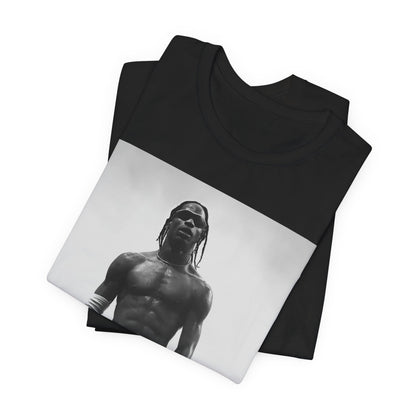 A black graphic t-shirt featuring a black and white portrait photo of Travis Scott.
