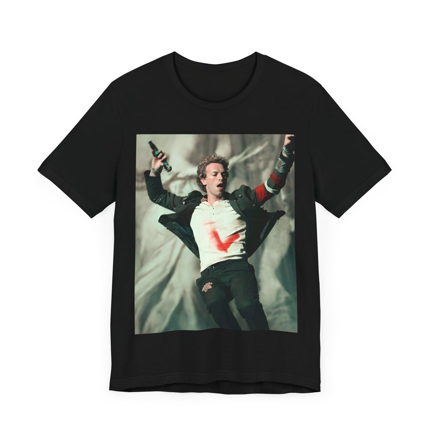A black graphic t-shirt featuring the album cover art for Coldplay's 'Viva La Vida or Death and All His Friends'.