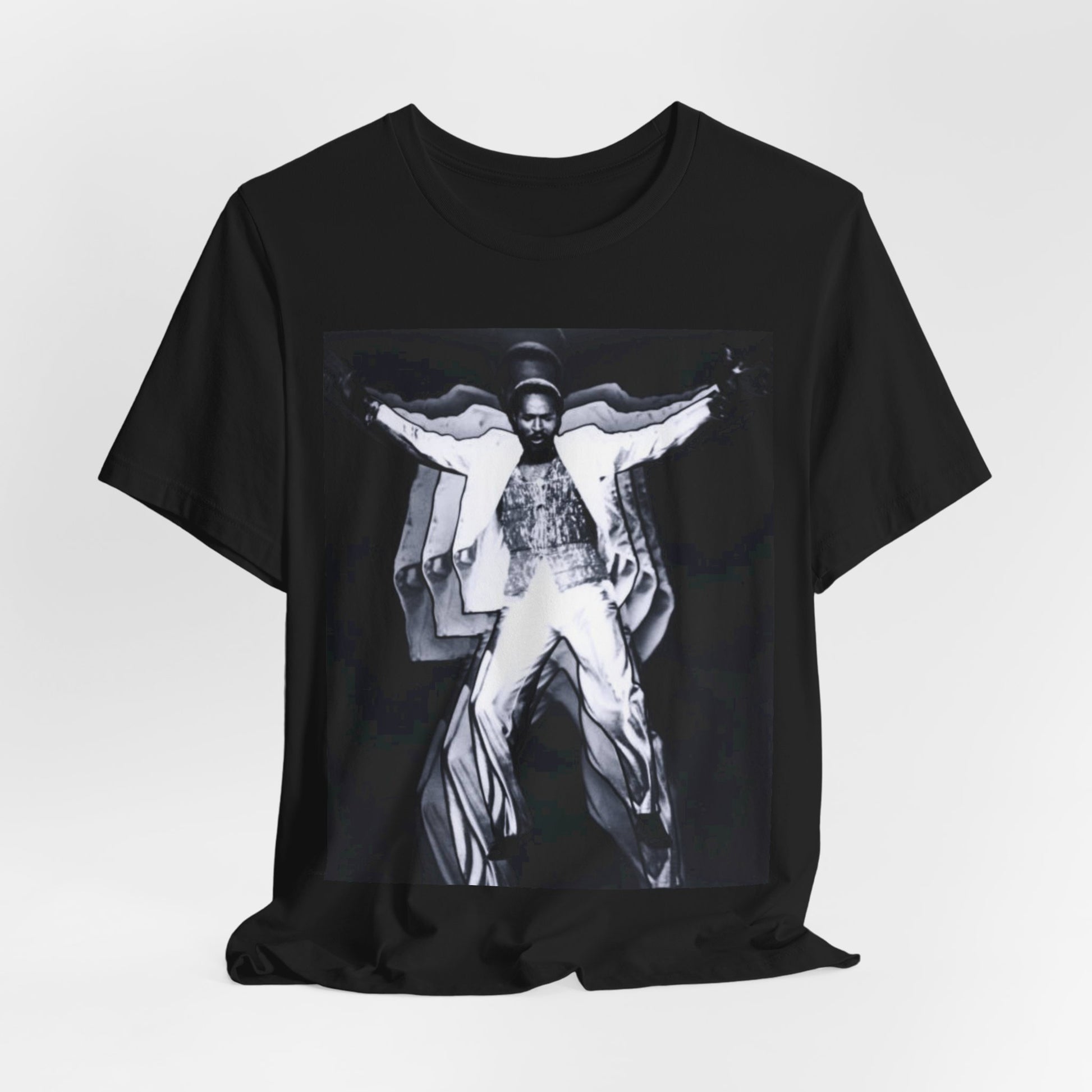 A black graphic t-shirt featuring a 70s aesthetic graphic of Marvin Gaye.
