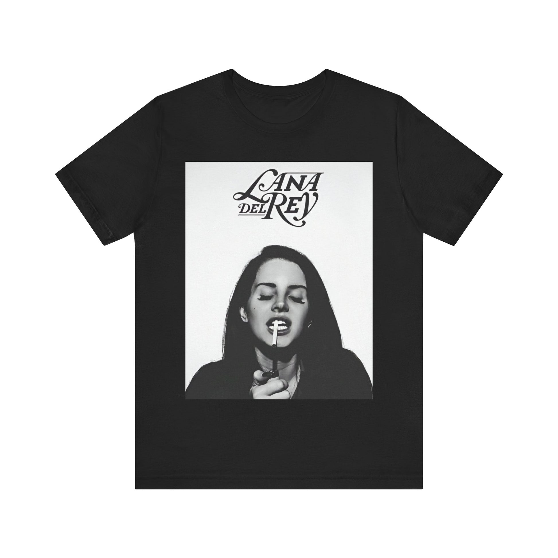 A grainy, cinematic, vintage-style photo of Lana Del Rey, as if from an old film, printed on a graphic t-shirt.