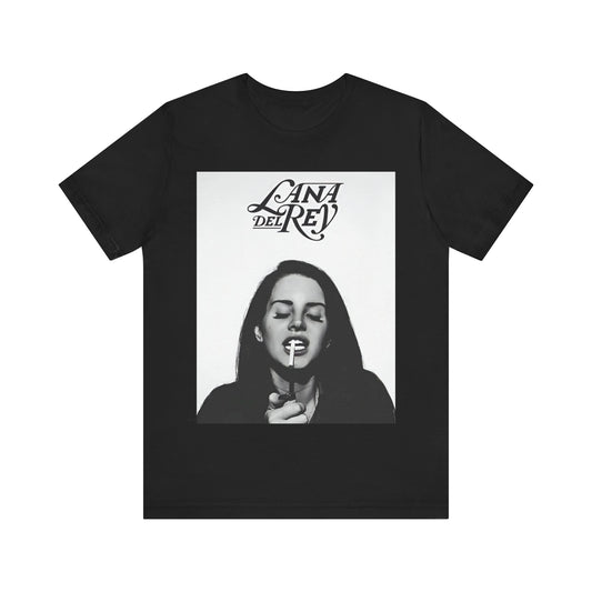 A grainy, cinematic, vintage-style photo of Lana Del Rey, as if from an old film, printed on a graphic t-shirt.