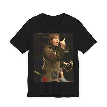 A black graphic t-shirt featuring a graphic of Liam Gallagher from Oasis giving the middle finger during a concert.