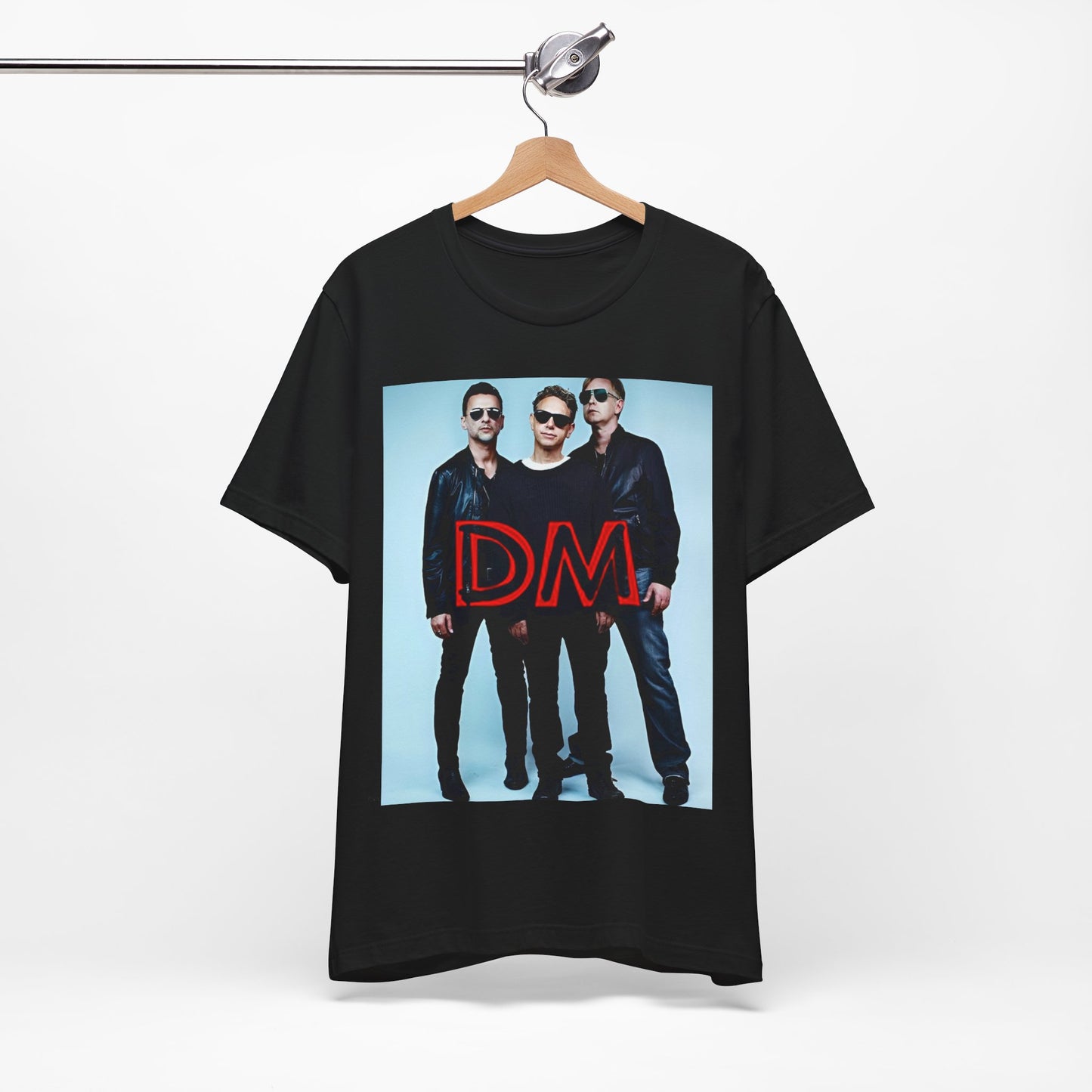 A black graphic t-shirt featuring a retro electropop graphic of Depeche Mode.