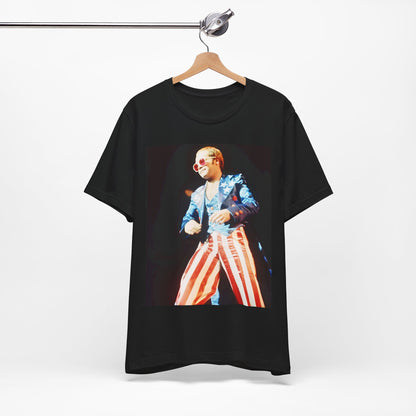 A black graphic t-shirt featuring a graphic related to Elton John's 70s America tour.