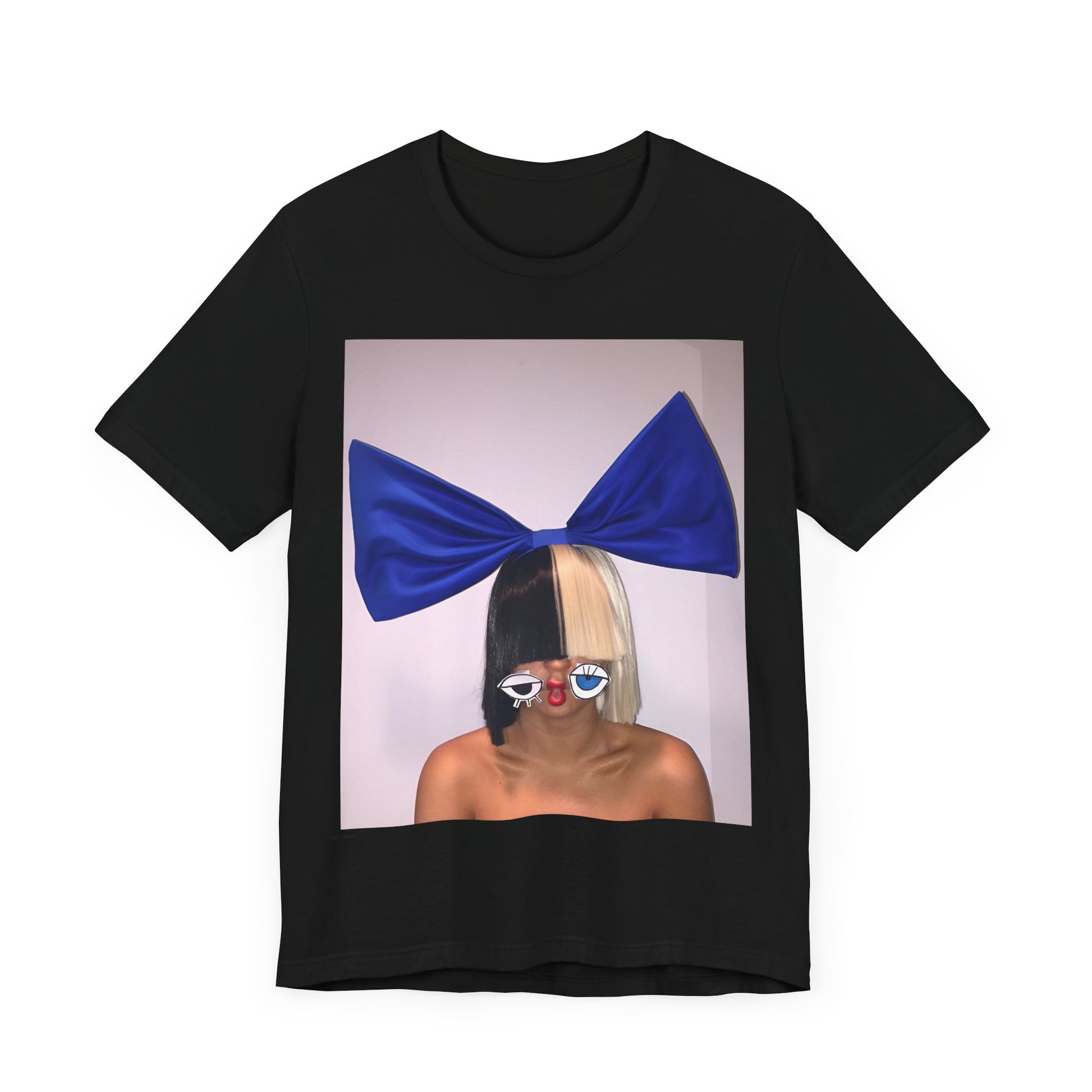 A black graphic t-shirt featuring a graphic of Sia with her iconic wig, in an aesthetic style.