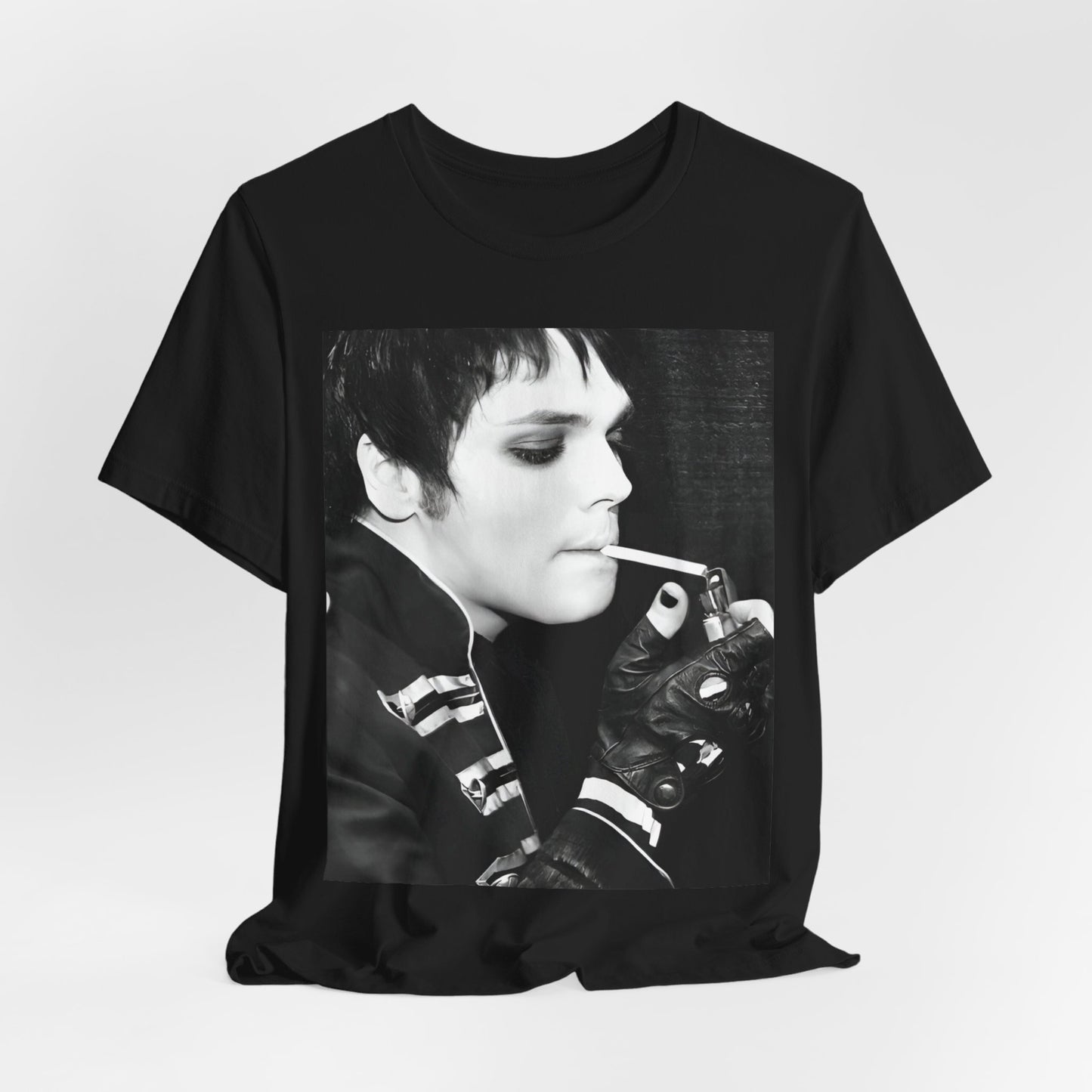 A black graphic t-shirt featuring a black and white graphic or photo of My Chemical Romance in a backstage setting.