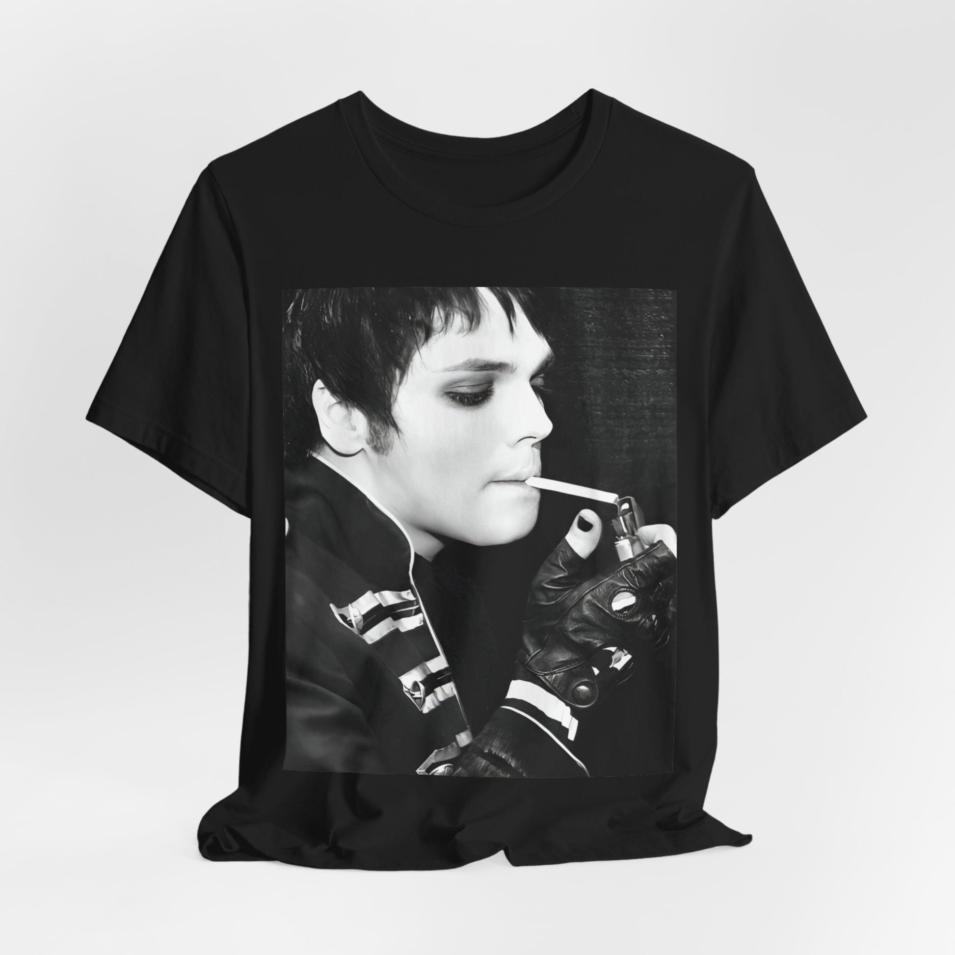 A black graphic t-shirt featuring a black and white graphic or photo of My Chemical Romance in a backstage setting.