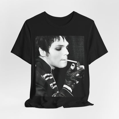 A black graphic t-shirt featuring a black and white graphic or photo of My Chemical Romance in a backstage setting.