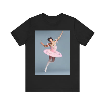 A black graphic t-shirt featuring a photo of Harry Styles in a ballet pose or setting.