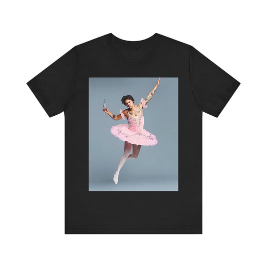 A black graphic t-shirt featuring a photo of Harry Styles in a ballet pose or setting.