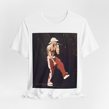 A black graphic t-shirt featuring a graphic inspired by Eminem's film '8 Mile'.