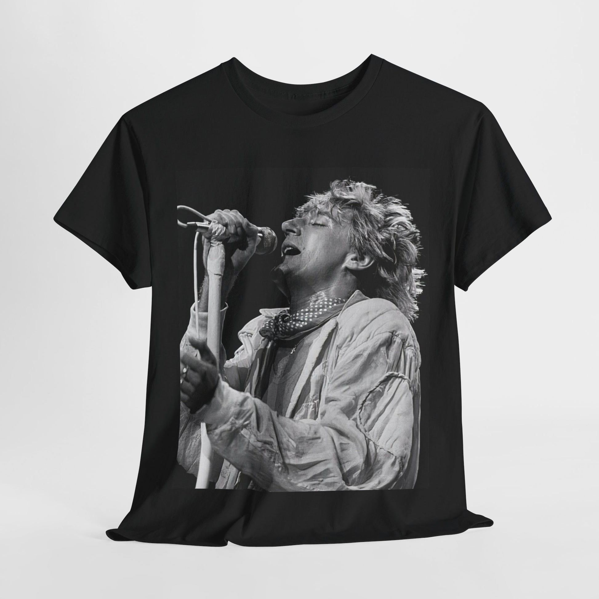 A black graphic t-shirt featuring an 80s black and white monochrome graphic or photo of Rod Stewart.