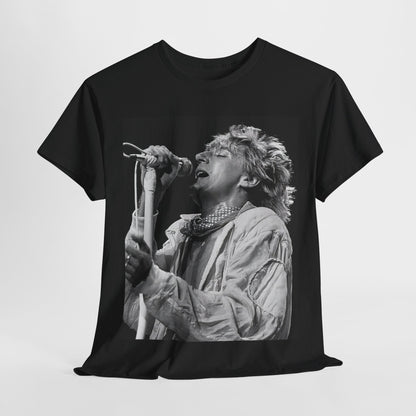 A black graphic t-shirt featuring an 80s black and white monochrome graphic or photo of Rod Stewart.