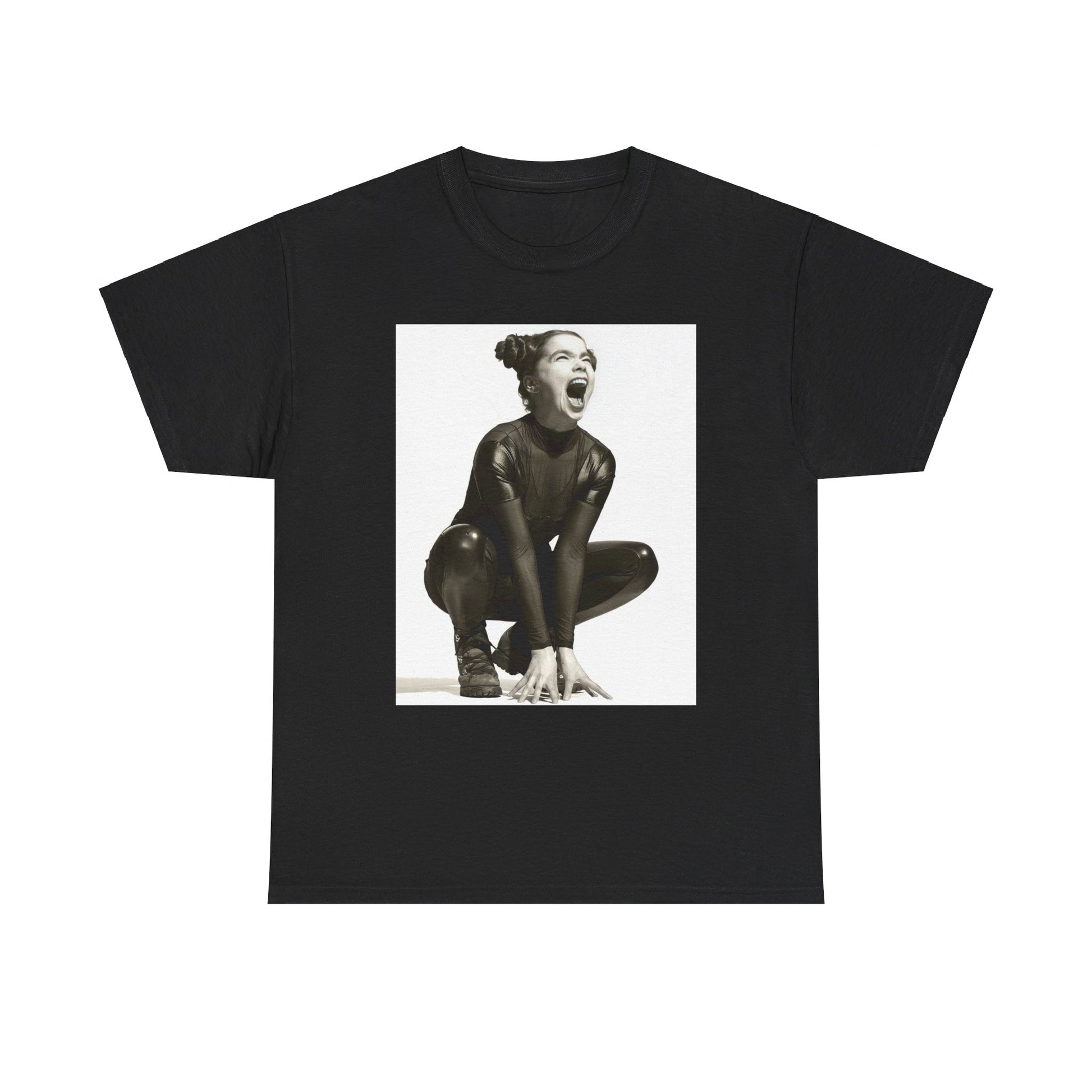 A black graphic t-shirt featuring a 90s black and white graphic of Bjork with a rebellious or edgy pose.