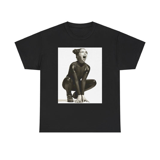 A black graphic t-shirt featuring a 90s black and white graphic of Bjork with a rebellious or edgy pose.