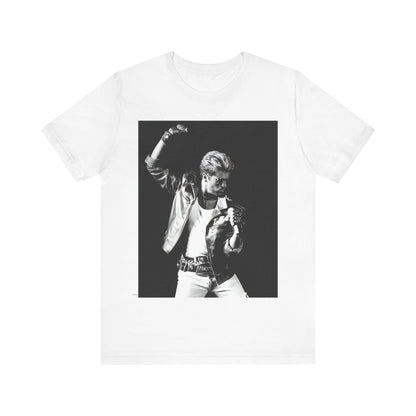 A black graphic t-shirt featuring an iconic black and white portrait photo of George Michael.