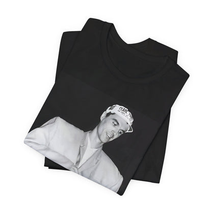 A black graphic t-shirt featuring a black and white graphic of Talking Heads with a cool NYC art scene aesthetic.