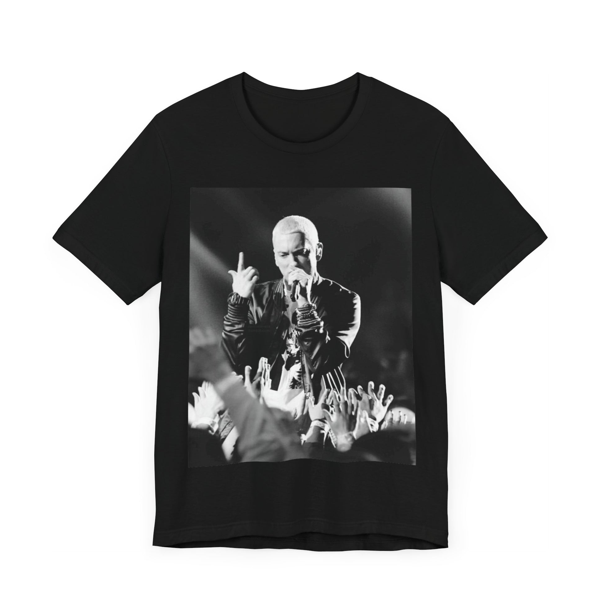 A black graphic t-shirt featuring a graphic or photo of Eminem performing live on stage.