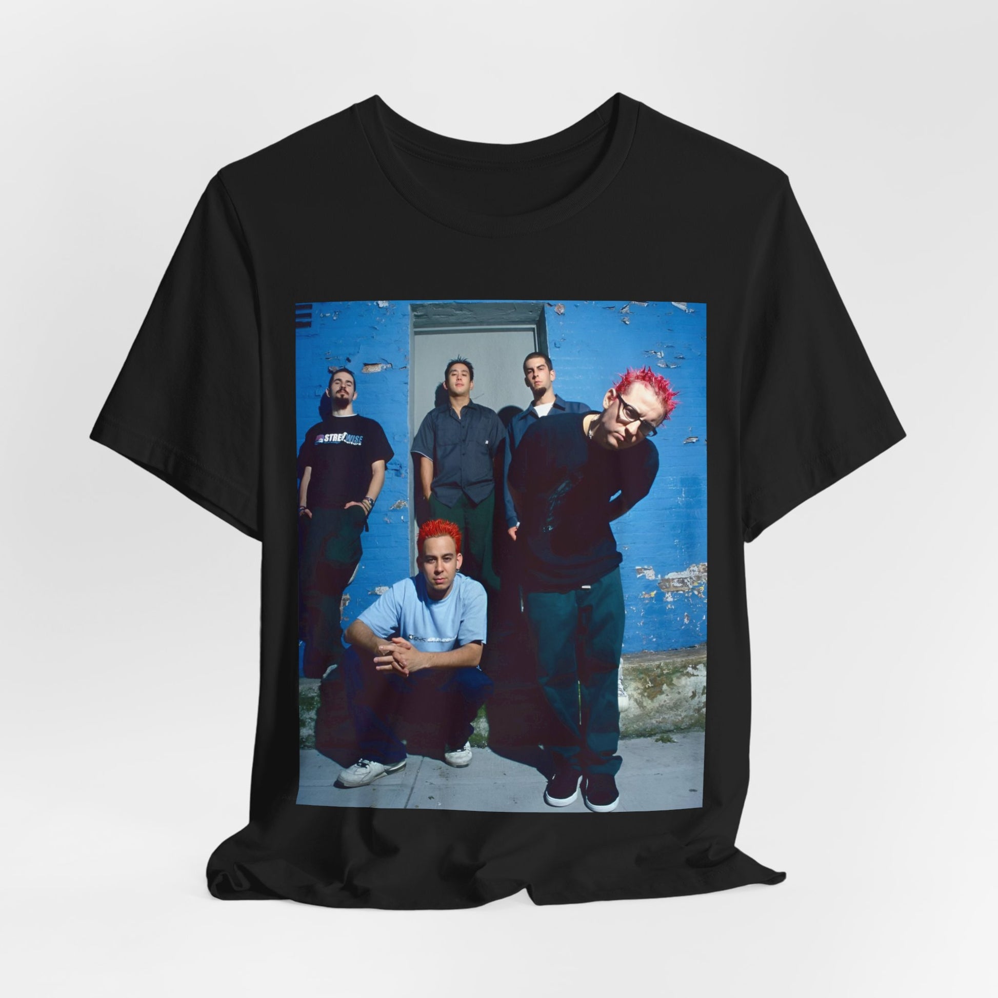 A black graphic t-shirt featuring a graphic of Linkin Park as nu-metal pioneers.