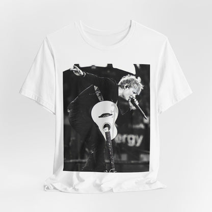 A black graphic t-shirt featuring a vintage graphic of Ed Sheeran performing live.