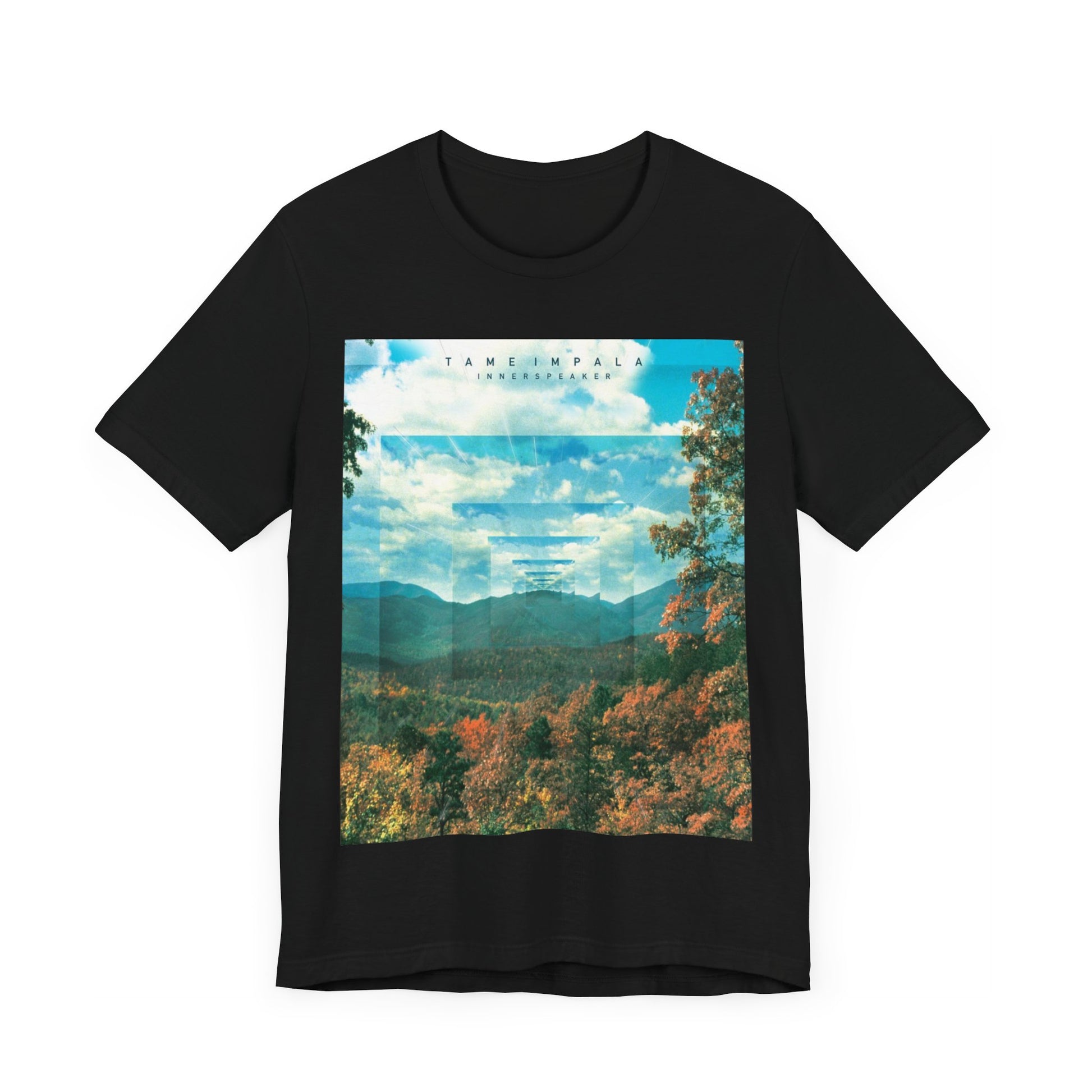 A black graphic t-shirt featuring a graphic related to Tame Impala's 'InnerSpeaker' album.