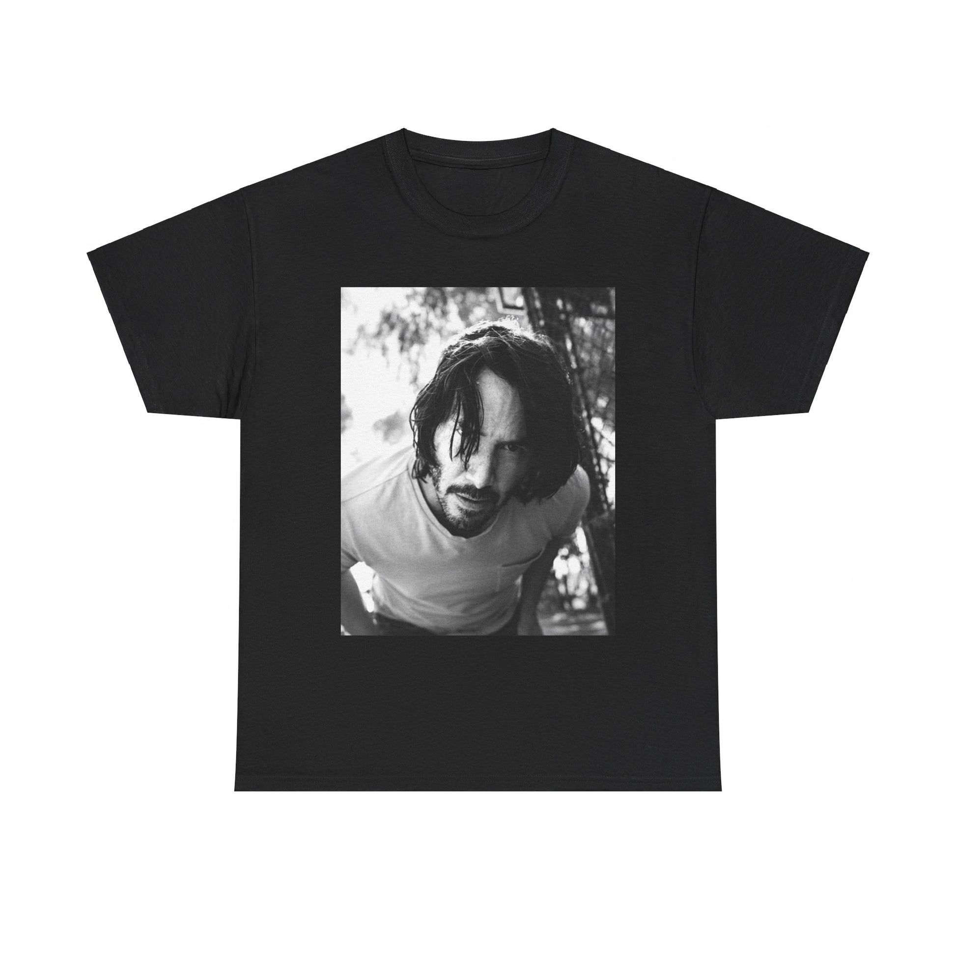 A black graphic t-shirt featuring a graphic of Keanu Reeves with authentic chill vibes.