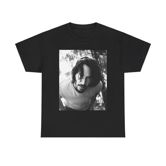 A black graphic t-shirt featuring a graphic of Keanu Reeves with authentic chill vibes.