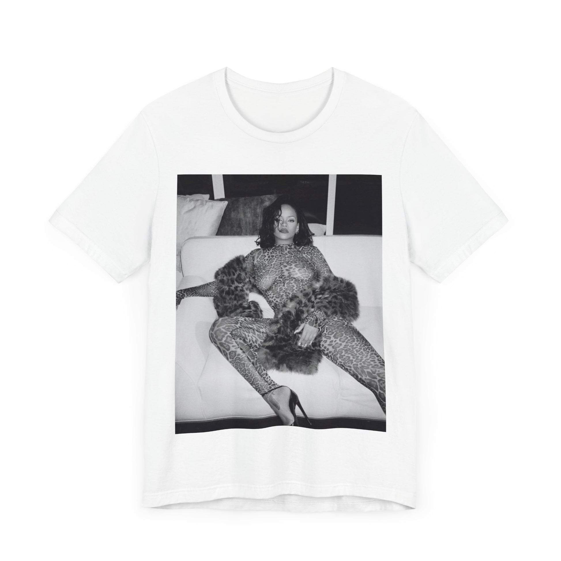 A black graphic t-shirt featuring a black and white, monochrome graphic or photo of Rihanna in a sexy pose.