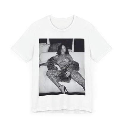 A black graphic t-shirt featuring a black and white, monochrome graphic or photo of Rihanna in a sexy pose.