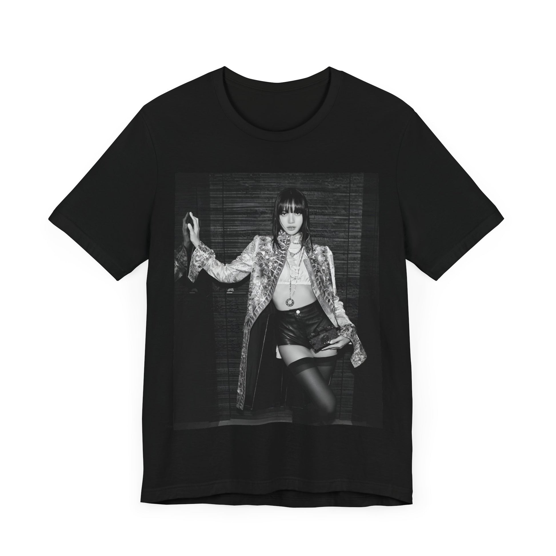 A black graphic t-shirt featuring a black and white, monochrome graphic or photo of Lisa.