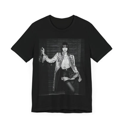 A black graphic t-shirt featuring a black and white, monochrome graphic or photo of Lisa.