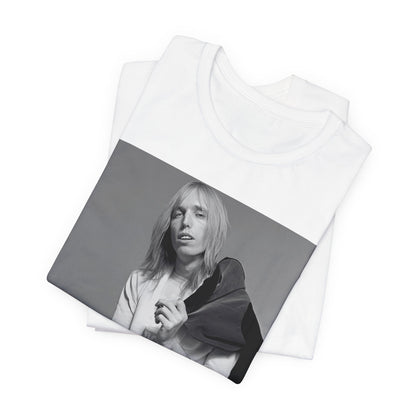 A black graphic t-shirt featuring a modern rock essential graphic of Tom Petty.