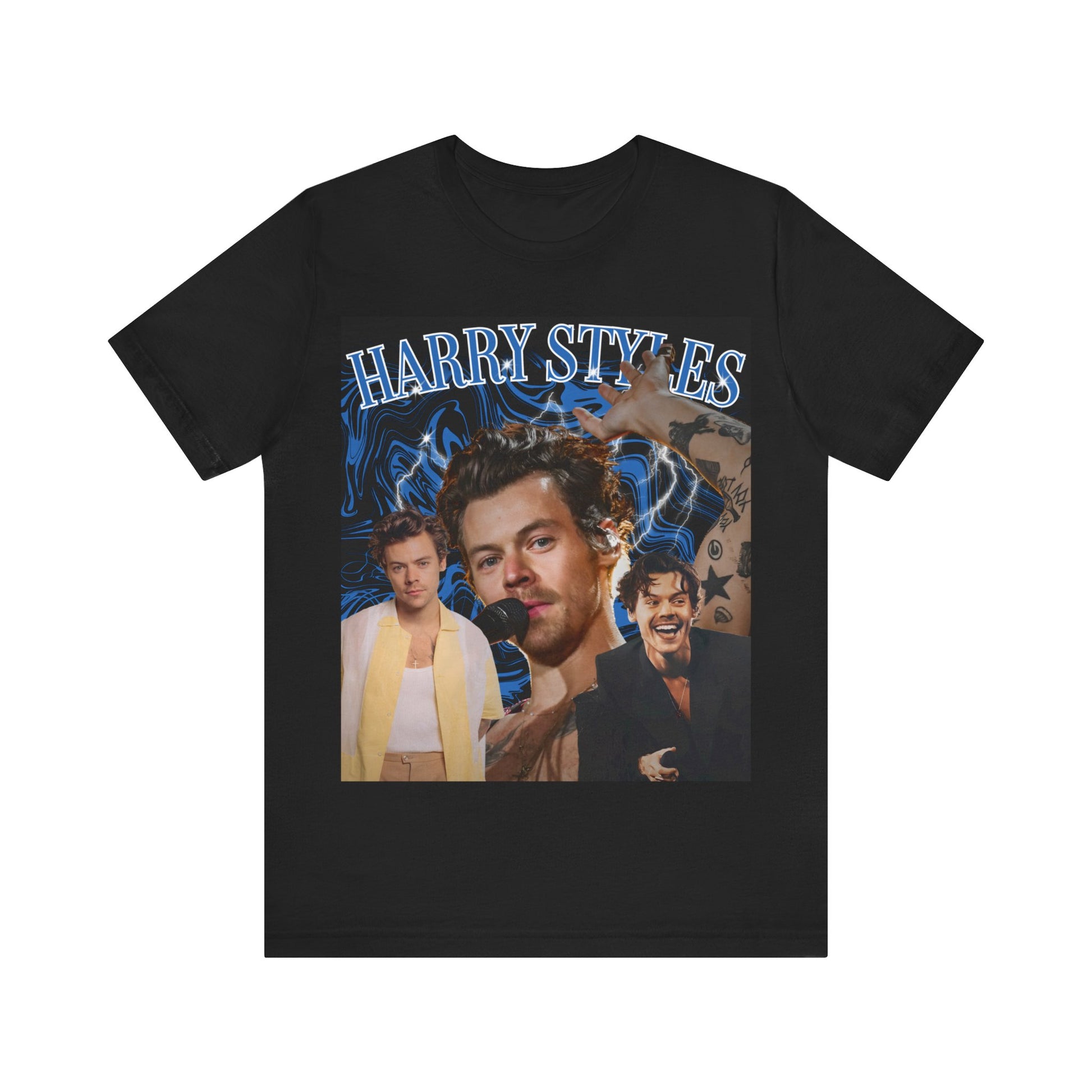 A black graphic t-shirt featuring an aesthetic bootleg graphic of Harry Styles.