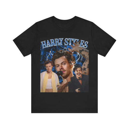 A black graphic t-shirt featuring an aesthetic bootleg graphic of Harry Styles.
