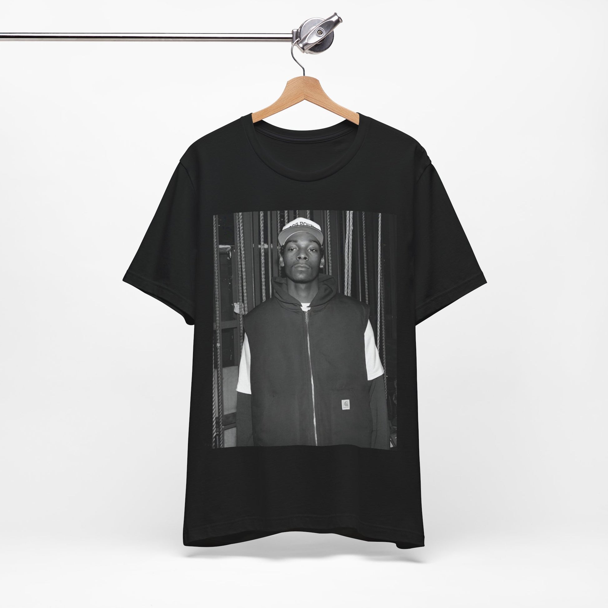 A black graphic t-shirt featuring a graphic of Snoop Dogg emphasizing a rebellious spirit.