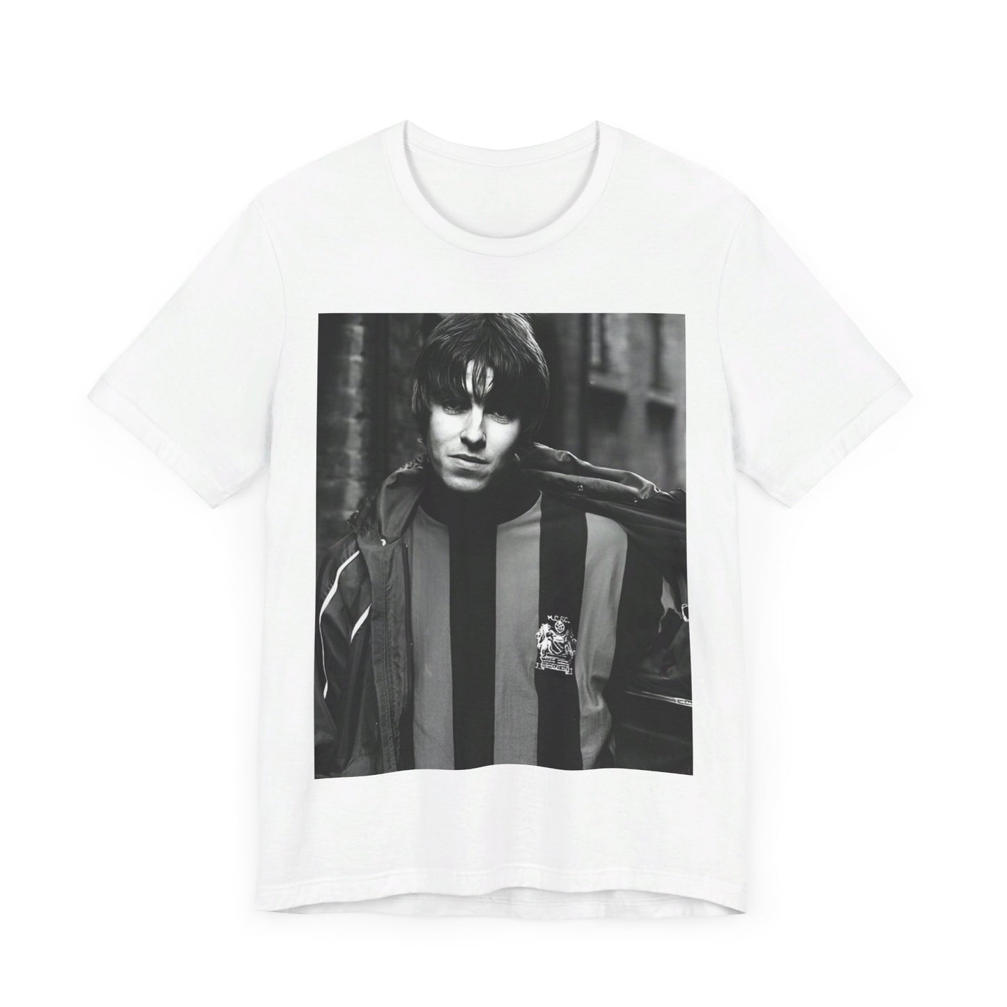 A black graphic t-shirt featuring a photo of Liam Gallagher from Oasis, showing his support for Manchester City.