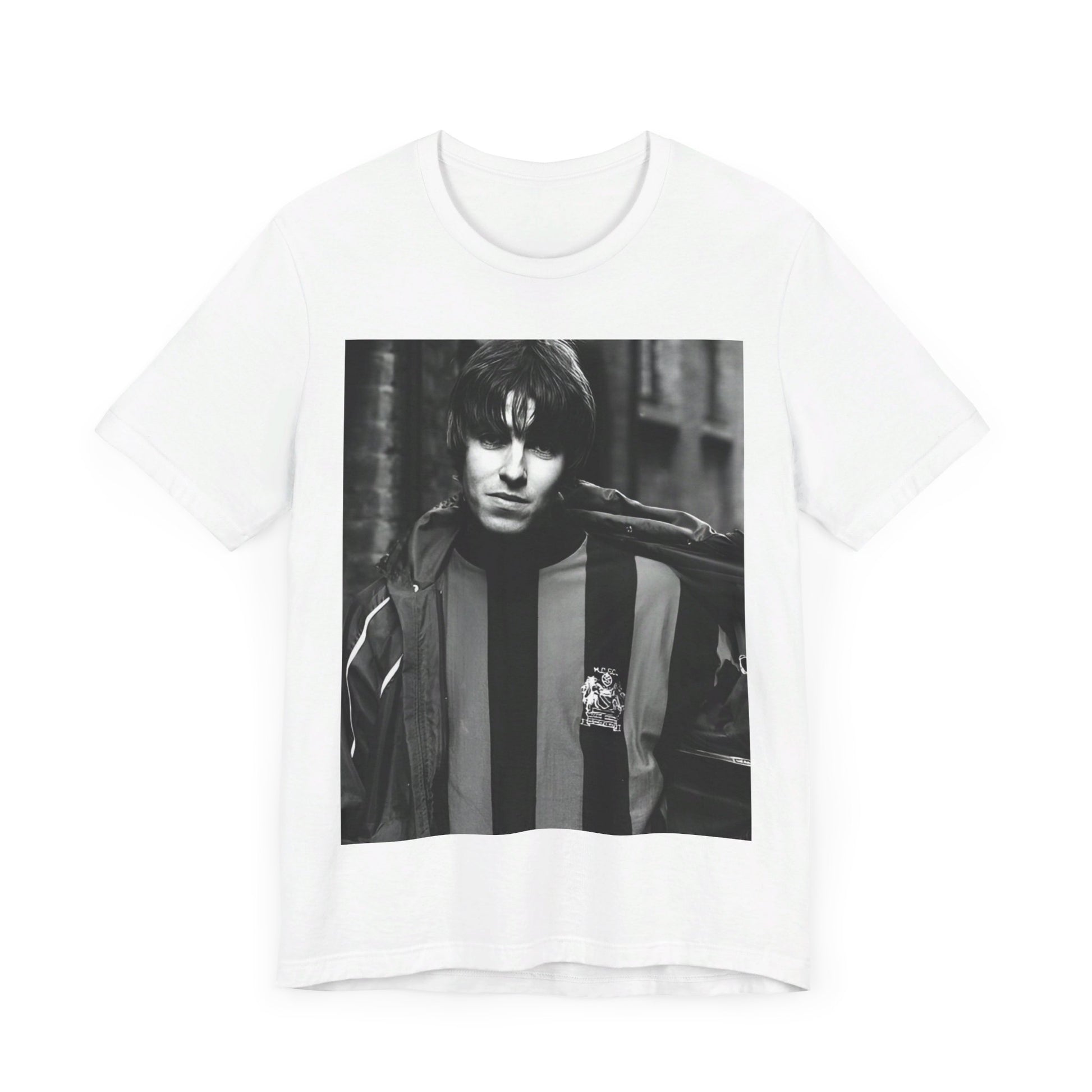 A black graphic t-shirt featuring a photo of Liam Gallagher from Oasis, showing his support for Manchester City.