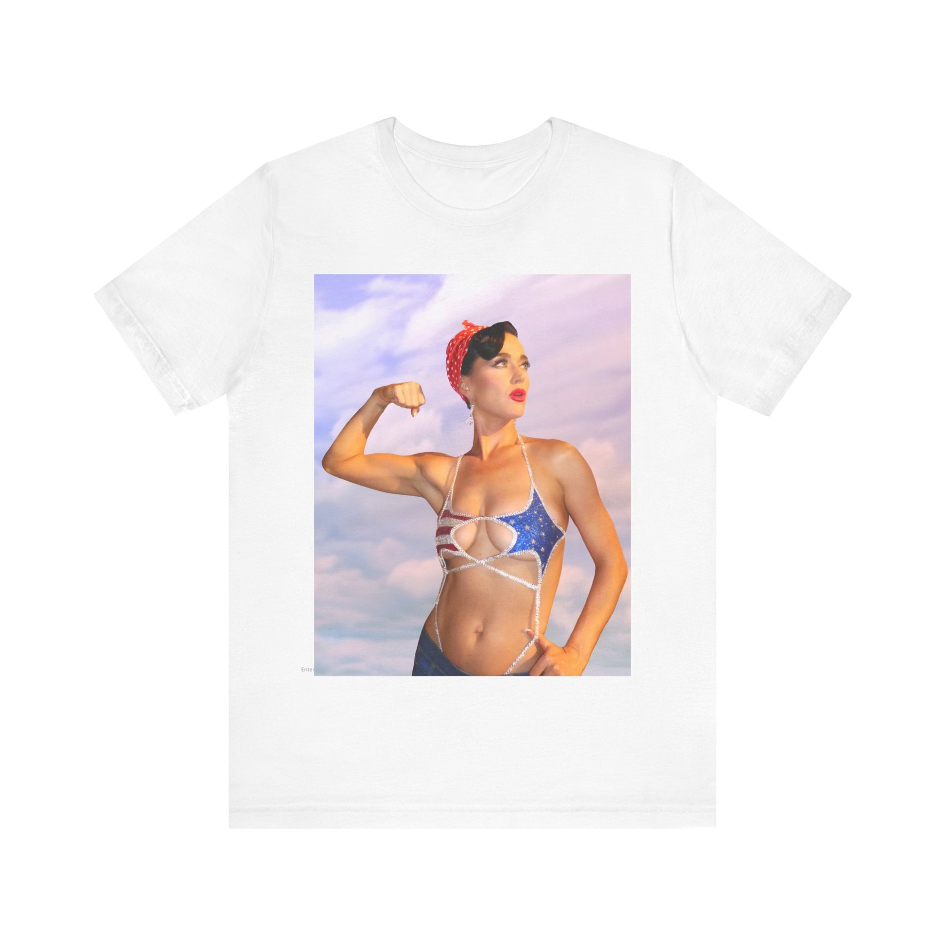 A black graphic t-shirt featuring a bold graphic of Katy Perry as a pop superstar.