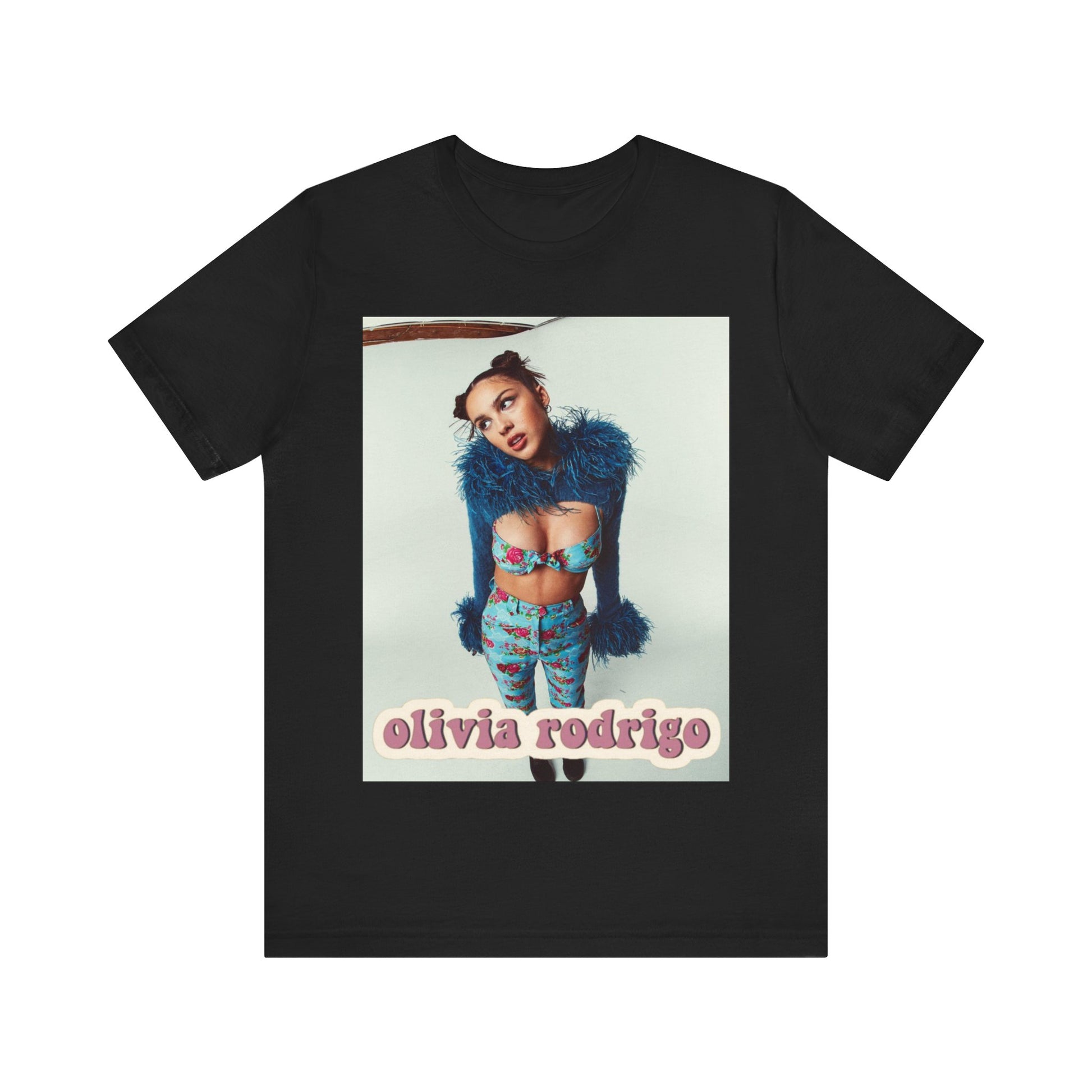 A black graphic t-shirt featuring a graphic of Olivia Rodrigo with 'teen angst vibes'.