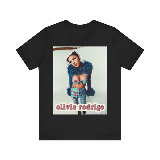 A black graphic t-shirt featuring a graphic of Olivia Rodrigo with 'teen angst vibes'.